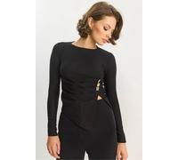 Bianco Lucci Women's Crew Neck Long Sleeve Blouse with Accessory Detail in Black | Size: Small Bianco Lucci Black S