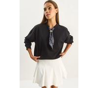 Bianco Lucci Womens Crew Neck Ribbed Sweatshirt with Scarf Accessory Detail - Black - Size Large