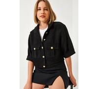 Bianco Lucci Women's Cropped Plush Buttoned Jacket with Shirt Collar in Black | Size: Small Bianco Lucci Black S