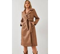 Bianco Lucci Women's Double Breasted Faux Leather Long Coat with Zipper & Pockets in Light Brown | Size: Medium Bianco Lucci Light Brown M