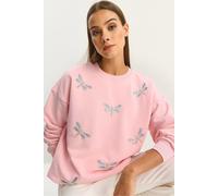 Bianco Lucci Womens Dragonfly Embroidered Crew Neck Sweatshirt - Pink - Size Large