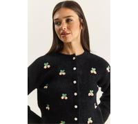 Bianco Lucci Womens Embroidered Button-Up Cardigan - Black - One Size