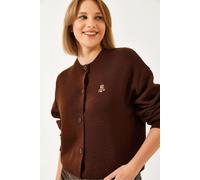 Bianco Lucci Women's Embroidered Button-Up Ribbed Cardigan in Dark Brown Bianco Lucci Dark Brown One Size