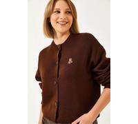 Bianco Lucci Womens Embroidered Button-Up Ribbed Cardigan - Mocha - Size Small/Medium
