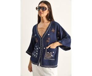 Bianco Lucci Women's Embroidered Cotton Crepe V-Neck Shirt in Navy | Size: Small Bianco Lucci Navy S
