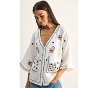 Bianco Lucci Women's Embroidered Cotton Crepe V-Neck Shirt in White | Size: Small Bianco Lucci White S