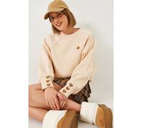 Bianco Lucci Womens Embroidered Crew Neck Long Sleeve Sweatshirt - Beige - Size Small