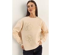 Bianco Lucci Women's Embroidered Crew Neck Long Sleeve Sweatshirt in Beige | Size: Medium Bianco Lucci Beige M