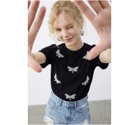 Bianco Lucci Womens Embroidered Crew Neck Relaxed Fit T-Shirt - Black - Size Large