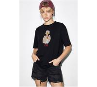 Bianco Lucci Womens Embroidered Crew Neck Relaxed Fit T-Shirt - Black - Size Medium