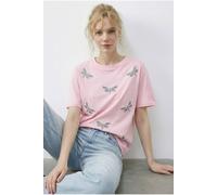 Bianco Lucci Women's Embroidered Crew Neck Relaxed Fit T-Shirt in Light Pink | Size: Large Bianco Lucci Light Pink L