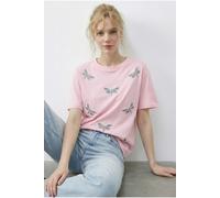 Bianco Lucci Womens Embroidered Crew Neck Relaxed Fit T-Shirt - Pink - Size Medium