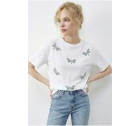 Bianco Lucci Womens Embroidered Crew Neck Relaxed Fit T-Shirt - White - Size Large