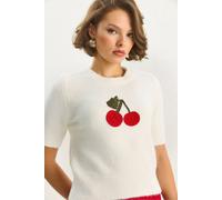 Bianco Lucci Womens Embroidered Crew Neck Sweater - White - Size Small/Medium
