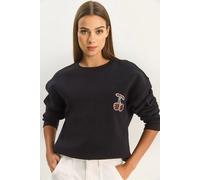 Bianco Lucci Womens Embroidered Crew Neck Sweatshirt - Black - Size Small
