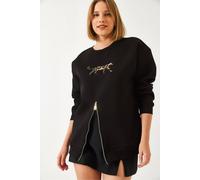 Bianco Lucci Women's Embroidered Crew Neck Sweatshirt with Zipper in Black | Size: Small Bianco Lucci Black S