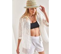 Bianco Lucci Women's Embroidered Lace Woven Shirt in White | Size: Medium Bianco Lucci White M