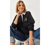 Bianco Lucci Womens Embroidered Polo Collar Long Sleeve Sweatshirt - Black - Size Large