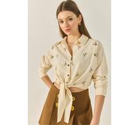 Bianco Lucci Women's Embroidered Poplin Shirt with Button Closure in Cream | Size: XL Bianco Lucci Cream XL