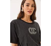 Bianco Lucci Women's Embroidered Striped Crew Neck T-Shirt in Black | Size: Small Bianco Lucci Black S