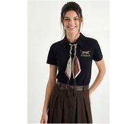 Bianco Lucci Womens Embroidered Text Print Polo Shirt - Black
