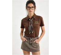 Bianco Lucci Women's Embroidered Text Print Polo Shirt in Light Brown | Size: Large Bianco Lucci Light Brown L