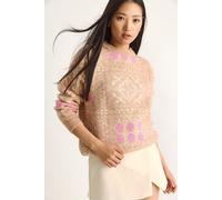 Bianco Lucci Womens Ethnic Pattern Long Sleeve Crew Neck Sweater - Beige - Size Small/Medium