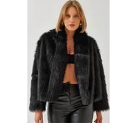 Bianco Lucci Womens Faux Fur Cropped Open Collar Coat - Black - Size Large