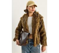 Bianco Lucci Womens Faux Fur Cropped Open Collar Coat - Brown - Size Small
