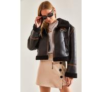 Bianco Lucci Womens Faux Leather Boxy Crop Jacket with Shawl Collar - Black - Size Large