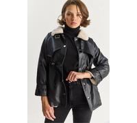 Bianco Lucci Womens Faux Leather Jacket with Fur Detail - Black - Size Medium