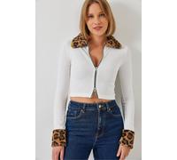 Bianco Lucci Women's Fitted Crop Hooded Jacket with Faux Fur & Leopard Print in White | Size: Small Bianco Lucci White S