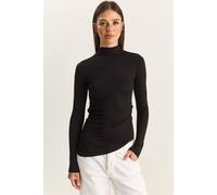 Bianco Lucci Women's Fitted Turtleneck Long Sleeve Blouse with Ruffle Detail in Black | Size: Small Bianco Lucci Black S