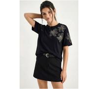 Bianco Lucci Womens Floral Embroidered Crew Neck T-Shirt - Black - Size Medium