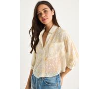 Bianco Lucci Womens Floral Jacquard Short Sleeve Button-Up Shirt with Pocket - Yellow