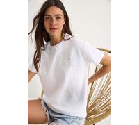 Bianco Lucci Womens Floral Print Crew Neck T-Shirt with Accessory Detail - White - Size Small