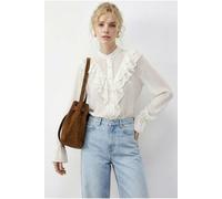 Bianco Lucci Women's Frilly Mandarin Collar Long Sleeve Chiffon Shirt in Cream | Size: Medium Bianco Lucci Cream M