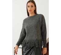 Bianco Lucci Women's Fringed Crew Neck Crop Sweater in Grey Bianco Lucci Grey One Size