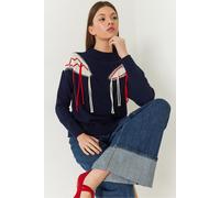 Bianco Lucci Womens Fringed Crew Neck Patterned Sweater - Navy - Size Small/Medium