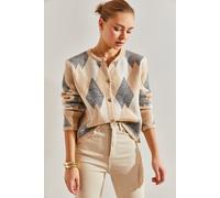 Bianco Lucci Womens Geometric Knitwear Button-Up Crop Cardigan - Natural - Size Small/Medium