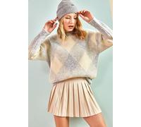 Bianco Lucci Womens Geometric Ribbed Crew Neck Sweater - Grey - Size Small/Medium