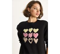 Bianco Lucci Womens Heart Patch Appliqué Relaxed Fit Crew Neck Sweatshirt - Black - Size Small