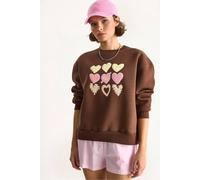 Bianco Lucci Women's Heart Patch Appliqué Relaxed Fit Crew Neck Sweatshirt in Chocolate | Size: Large Bianco Lucci Chocolate L