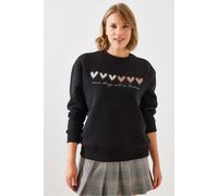 Bianco Lucci Womens Heart Patterned Crew Neck Sweatshirt - Black - Size Small