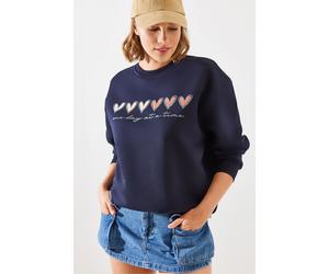 Bianco Lucci Womens Heart Patterned Crew Neck Sweatshirt - Navy - Size Small