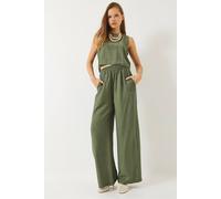 Bianco Lucci Women's High Waist Crop T-Shirt & Wide Leg Pants Co-ord Set in Khaki | Size: Medium Bianco Lucci Khaki M