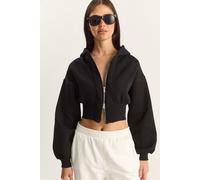 Bianco Lucci Womens Hooded Slim Fit Ribbed Knit Crop Sweatshirt - Black - Size Large
