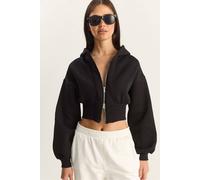 Bianco Lucci Women's Hooded Slim Fit Ribbed Knit Crop Sweatshirt in Black | Size: Large Bianco Lucci Black L