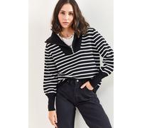 Bianco Lucci Womens Hooded Striped Knitwear Sweater with Zipper - Black - Size Small/Medium