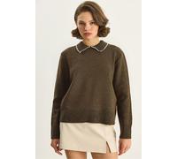 Bianco Lucci Womens Knit Sweater with Shirt Collar - Dark Brown - Size Small/Medium